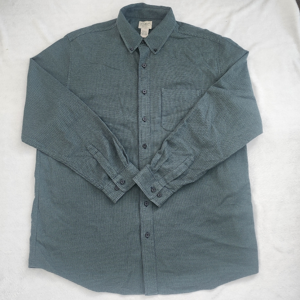 LL BEAN Men's Green Black Houndstooth Flannel Button Down Shirt XL Tall